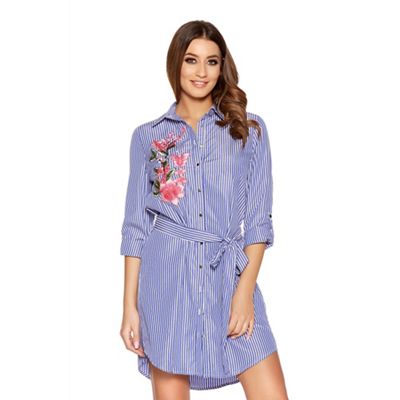 Navy and pink stripe embroidered shirt dress
